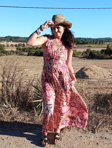 Vestido Anatólia 03 maxi étnico seda sari reciclado ombros ajustáveis vista frente Raja Pura