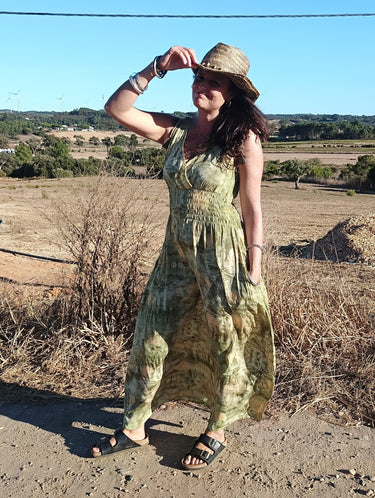 Vestido Anatólia 04 maxi étnico seda sari reciclado ombros ajustáveis vista frente Raja Pura