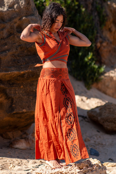 Saia Inca maxi étnica algodão terracota block print tribal wrap Raja Pura vista frente