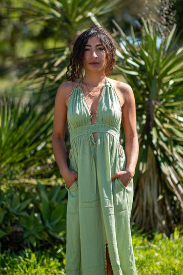 Vestido Agni maxi étnico menta algodão natural contas douradas Raja Pura - vista retrato frente