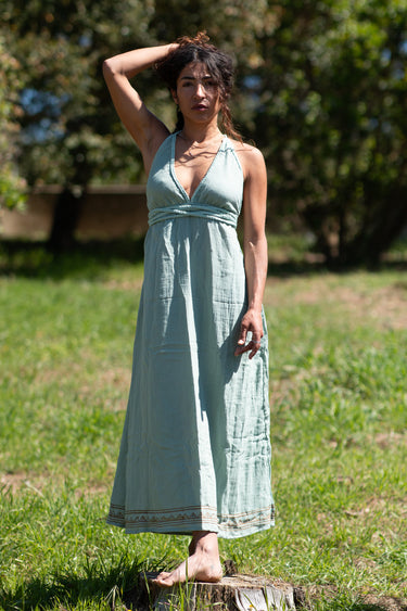 Vestido Ananda maxi étnico algodão musselina menta tribal Raja Pura - vista corpo inteiro frente