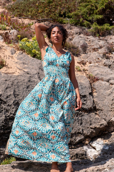 Vestido Anatólia 012 maxi étnico seda sari reciclado ombros ajustáveis vista frente Raja Pura