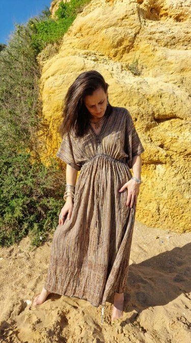 Vestido Bindu maxi étnico algodão block print tribal chevrons cintura ajustável Raja Pura