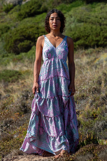 Vestido Shakti 01 maxi étnico seda sari reciclado único irrepetível vista frente Raja Pura