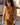 Vestido Sona maxi seda sari reciclado amarelo torrado e preto faixas terracota gola enrolada Raja Pura - vista retrato frente
