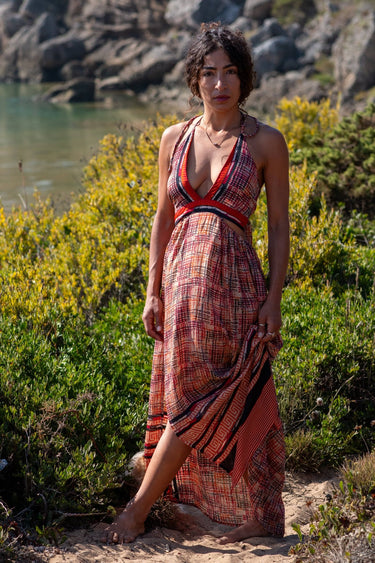 Vestido Vitória 05 maxi seda sari reciclado padrão floral único irrepetível Raja Pura