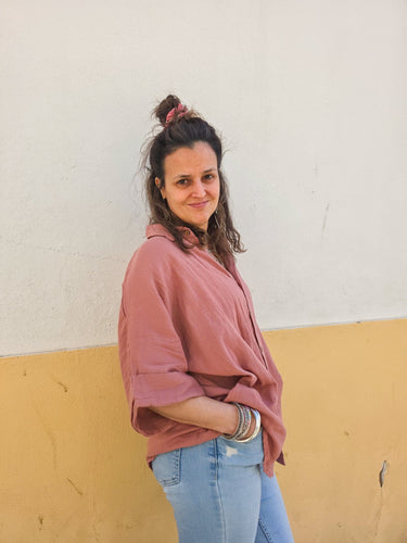 Camisa Rudra étnica unisex algodão leve rosa velho oversized nó frontal tingida mão Raja Pura