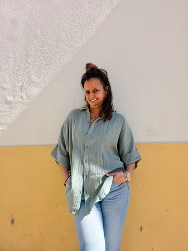 Camisa Rudra étnica unisex algodão leve menta oversized nó frontal tingida mão Raja Pura
