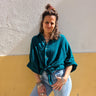 Camisa Rudra étnica unisex algodão leve turquesa oversized nó frontal tingida mão Raja Pura