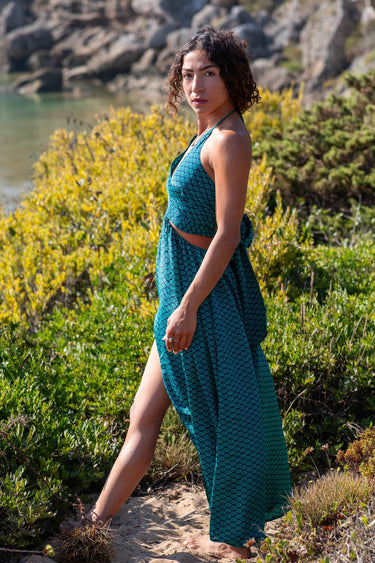 Vestido Vitória 04 detalhe tecido seda sari reciclado padrão floral Raja Pura