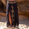 Saia Inca maxi étnica algodão preta block print tribal wrap Raja Pura vista pormenor frente