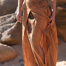 Saia Inca maxi étnica algodão castanho block print tribal wrap Raja Pura vista pormenor frente