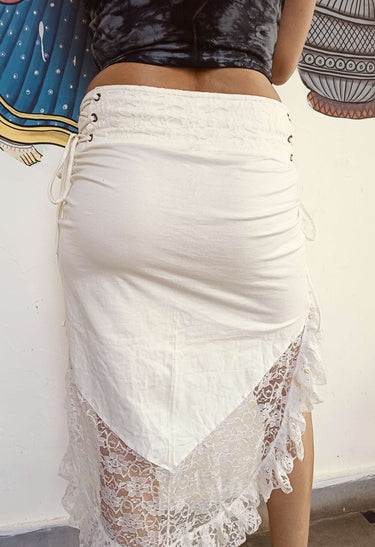 Saia Shakti branco étnica viscose algodão assimétrica Raja Pura vista completa