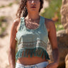 Top Kora crop étnico algodão menta block print tribal franjas artesanais Raja Pura - vista retrato frente