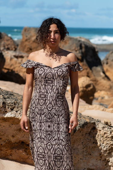 Vestido Ágata 02 detalhe padrão étnico rayon Raja Pura
