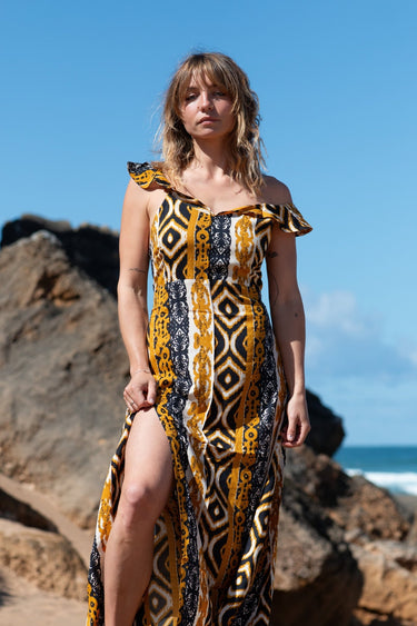 Vestido Ágata 03 detalhe padrão étnico rayon Raja Pura