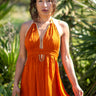 Vestido Agni maxi étnico terracota algodão natural contas douradas Raja Pura - vista retrato frente