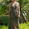 Vestido Agni maxi étnico verde algodão natural contas douradas Raja Pura - vista corpo inteiro frente