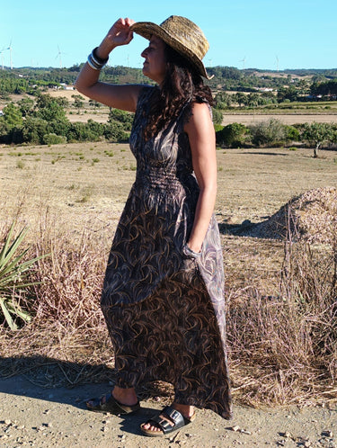 Vestido Anatólia 02 vista lateral seda sari reciclado fluído Raja Pura