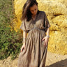 Vestido Bindu maxi étnico algodão block print tribal chevrons cintura ajustável Raja Pura