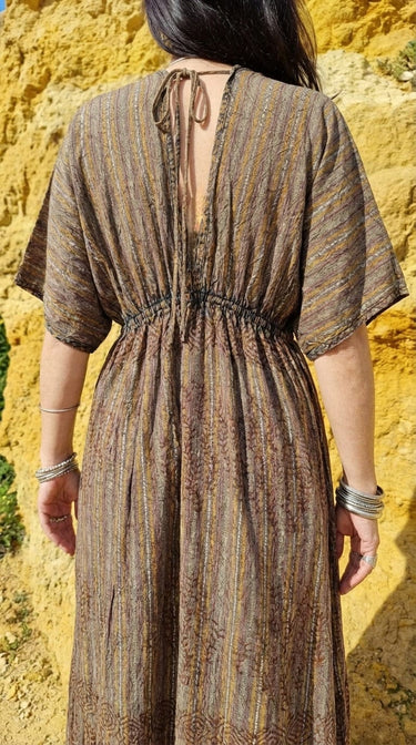 Vestido Bindu maxi étnico algodão block print tribal chevrons cintura ajustável Raja Pura