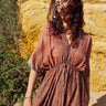 Vestido Bindu maxi étnico algodão block print tribal chevrons cintura ajustável Raja Pura
