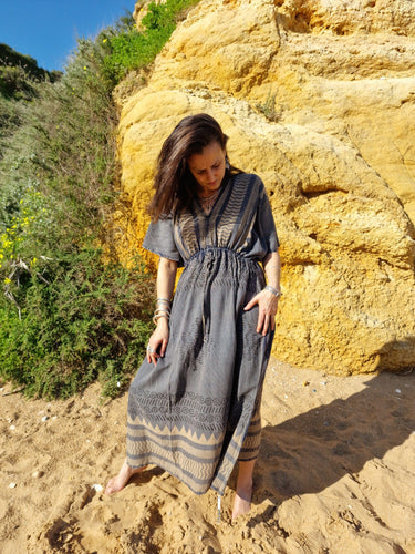 Vestido Bindu maxi étnico algodão block print tribal chevrons cintura ajustável Raja Pura