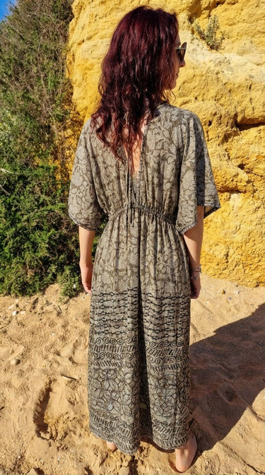 Vestido Bindu maxi étnico algodão block print tribal chevrons cintura ajustável Raja Pura