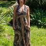 Vestido Kali maxi étnico seda padrão tribal mandala tons de castanho decote halter Raja Pura - vista corpo inteiro frente