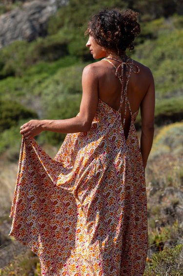 Vestido Karma 01 vista completa maxi vestido étnico seda sari reciclado Raja Pura