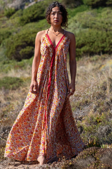 Vestido Karma 01 detalhe tecido seda sari reciclado padrão irrepetível Raja Pura