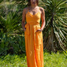 Vestido Pradera maxi étnico algodão crepe cor amarelo alças finas Raja Pura - vista corpo inteiro frente