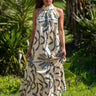 Vestido Priya maxi étnico padrão tropical algodão gola enrolada Raja Pura - vista corpo inteiro frente