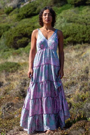 Vestido Shakti 01 detalhe ombro elástico seda sari reciclado Raja Pura