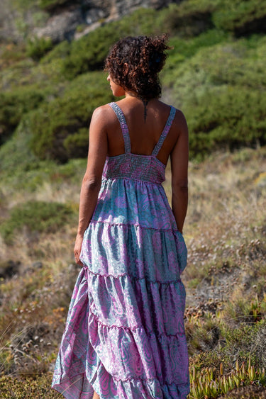 Vestido Shakti 01 detalhe tecido seda sari reciclado padrão único Raja Pura