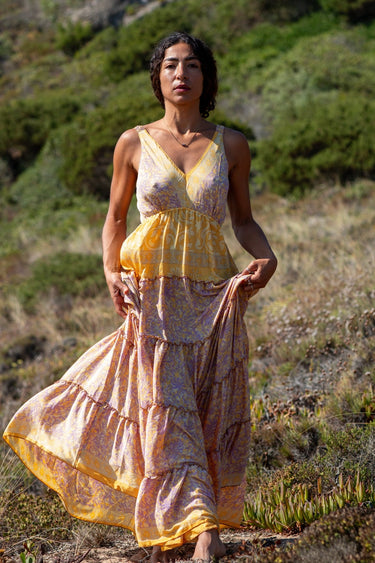 Vestido Shakti 02 vista lateral seda sari reciclado fluído Raja Pura