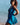 Vestido Shira curto seda sari reciclado azul  faixa castanha alças finas saia fluída Raja Pura - vista retrato costa