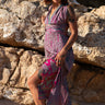 Vestido Sona maxi seda sari reciclado menta e roxo gola enrolada Raja Pura - vista corpo inteiro lado