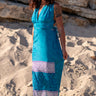 Vestido Sona maxi seda sari reciclado azul gola enrolada Raja Pura - vista corpo inteiro frente