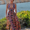 Vestido Vitória maxi étnico seda sari reciclado paisley floral preto rosa dourado decote halter fenda Raja Pura - vista de frente