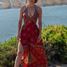 Vestido Vitória maxi étnico seda sari reciclado bordo decote halter fenda Raja Pura - vista de frente