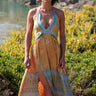 Vestido Vitória maxi étnico seda sari reciclado amarelo decote halter fenda Raja Pura - vista de frente
